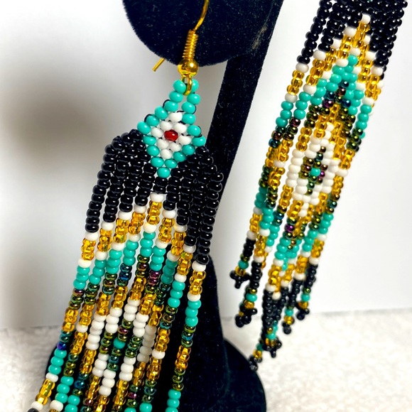 Luxury Hand Crafted Beaded Earrings Chandelier 4” Quality Materials Gypsy Boho - Picture 3 of 5